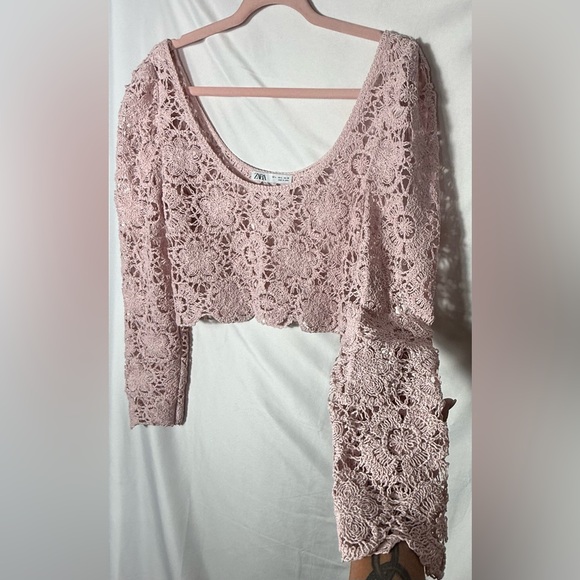 Zara Blush Pink Crochet Lace-Look Long Sleeve Crop Top, Size Large, NWOT. Boho - Picture 6 of 15